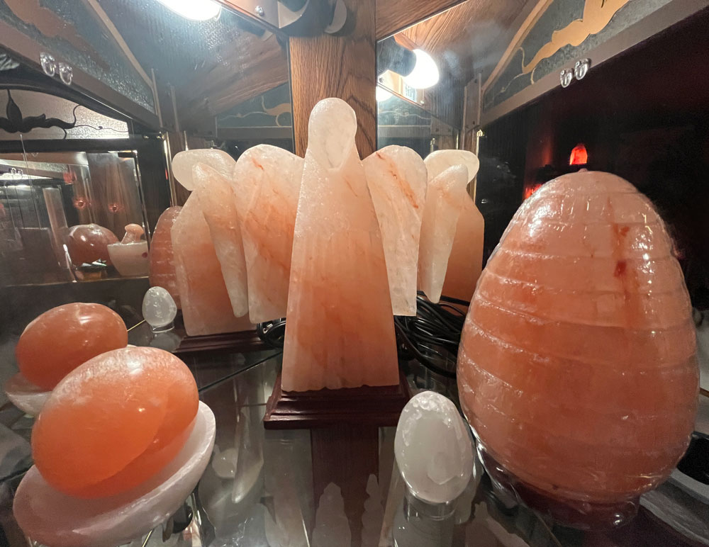 Various Himalayan salt products like angel and a egg shaped lamps